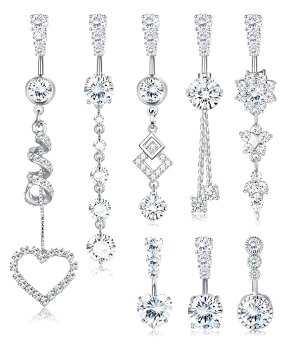 FIBO STEEL 8Pcs Belly Button Ring for Women Dangle Belly Rings Surgical Steel Cute Heart Flower Dainty Dangly Belly Button Piercing Jewelry Navel Ring Silver Plated 14G