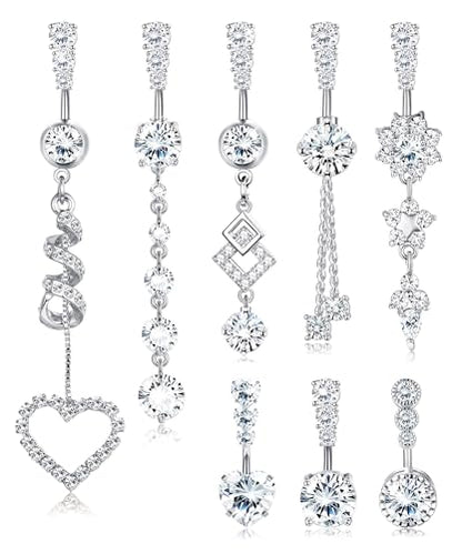 FIBO STEEL 8Pcs Belly Button Ring for Women Dangle Belly Rings Surgical Steel Cute Heart Flower Dainty Dangly Belly Button Piercing Jewelry Navel Ring Silver Plated 14G