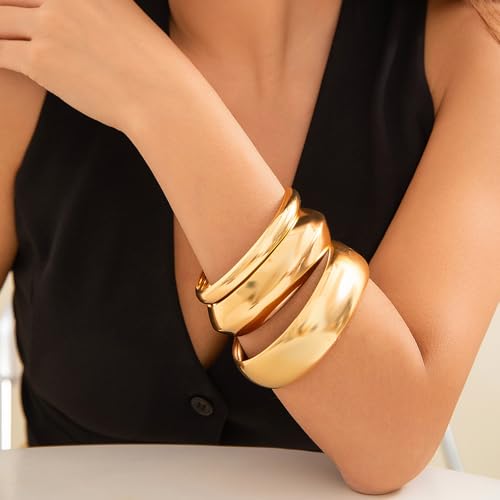Frodete Chunky Gold Bangles for Women Non Tarnish Chunky Wide Cuff Bracelets Silver Cuff Bangle Bracelet Trendy Statement Minimalist Jewelry Gifts - color: A37:gold bangles