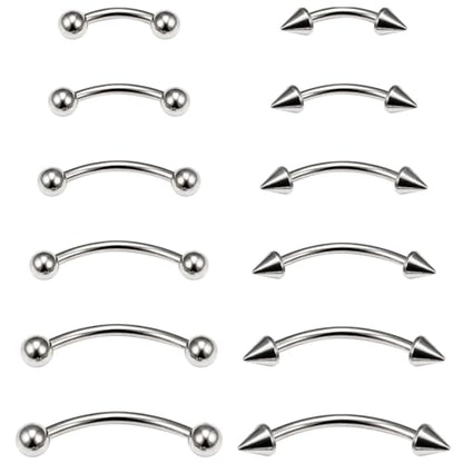 Eyebrow Piercing Jewelry Surgical Steel Vertical Labret Lip Jewelry Curved Barbell Tiny Eyebrow Rings Ear Rook Navel Small Belly Button Ring for Women Men 16g 6mm/8mm/10mm/12mm/14mm/16mm - color: silvertone,ball+spike