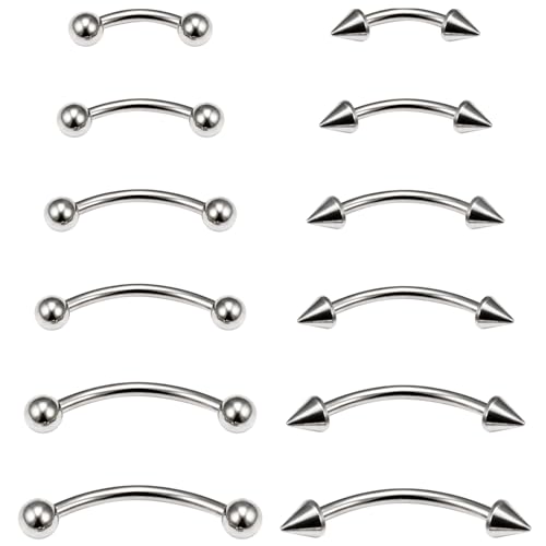 Eyebrow Piercing Jewelry Surgical Steel Vertical Labret Lip Jewelry Curved Barbell Tiny Eyebrow Rings Ear Rook Navel Small Belly Button Ring for Women Men 16g 6mm/8mm/10mm/12mm/14mm/16mm - color: silvertone,ball+spike