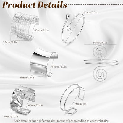 6 Pieces Upper Arm Cuff Arm Band Cuff Bangle Bracelet for Women Hammered Chunky Bracelets Open Wide Wire Bracelets Minimalist Coil Bangle Set Gold Sliver Wrist Cuff Wrap Bracelet Adjustable - color: Silver Cuff Bracelets A