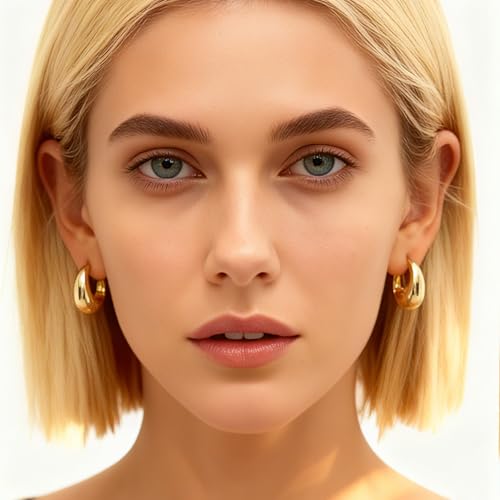 Chunky Hoop Earrings for Women 14K Gold Plated Small Huggie Hoops Lightweight Hypoallergenic Jewelry Gift - style: Simple Hoop-gold tone