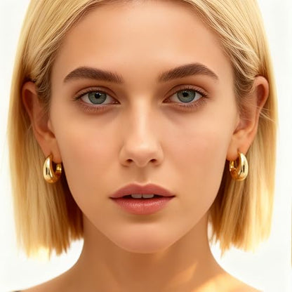 Chunky Hoop Earrings for Women 14K Gold Plated Small Huggie Hoops Lightweight Hypoallergenic Jewelry Gift - style: Simple Hoop-gold tone