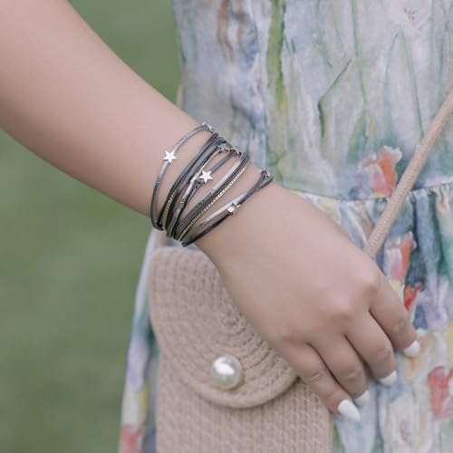 Boho Cute Star Leather Wrap Bracelets Stackable Western Chunky Jewelry | Bohemian Statement Layered Stack Magnetic Clasp Cuff Bangle Fashion Festival Hippie Cowgirl Country Outfits for Women Trendy - color: Black
