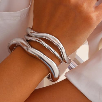Chunky Gold Bangle Bracelets for Women Trendy Irregular Statement Cuff Bracelets Stack Wide Minimalist 3PCS Bangle Set Jewelry - style: Silver B