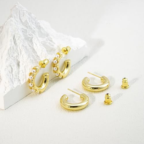 NIXMAX Gold/Silver CZ Dangle Hoop Earrings Set for Women Drop Earrings | 14K Gold Silver Plated，Cartilage Earrings Stack Set for Multiple Piercing,Huggie Earrings,Hypoallergenic,Jewelry Gifts - style: GD-pearl hoop set-2 Pairs
