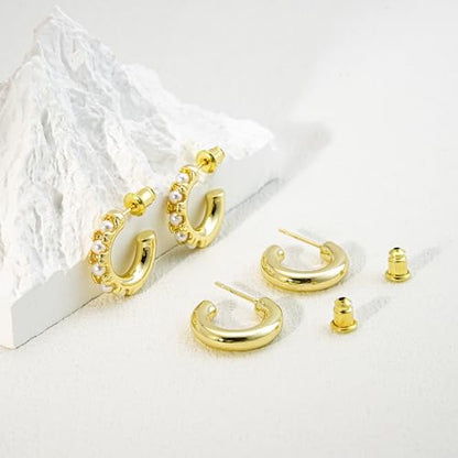 NIXMAX Gold/Silver CZ Dangle Hoop Earrings Set for Women Drop Earrings | 14K Gold Silver Plated，Cartilage Earrings Stack Set for Multiple Piercing,Huggie Earrings,Hypoallergenic,Jewelry Gifts - style: GD-pearl hoop set-2 Pairs