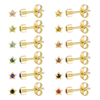 12 Pairs Surgical Stainless Steel Cubic Zirconia Birthstone Stud Earrings Heart Star Round Multicolors Stud Earrings Set for Women - style: Gold star 4mm
