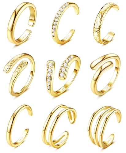 Hypoallergenic Flat Back Earrings Cartilage Earring Stacks for Sensitive Ears - Toe Rings for Women 14K Gold Filled Simple Hug CZ Triple Open Band Rings