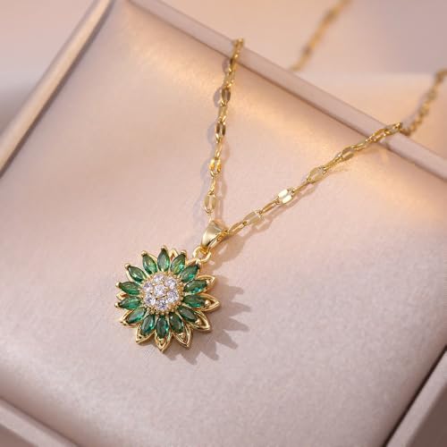 Sunflower Fidget Necklace for Women Gold Moon Necklace Rotating Heart Necklaces Spinning Crystal Flower Anxiety Necklaces Crescent Moons Jewelry Accessories - color: Green