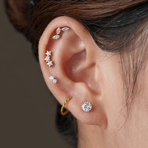 FINE4U 16G CZ Cluster Climber Cartilage Earring for Helix, Tragus - ASTM F136 Titanium Triple Marquise Labret Stud, Screw on Nickel Free Flat Back Jewelry - color: Triple Marquise - White CZ - Tit