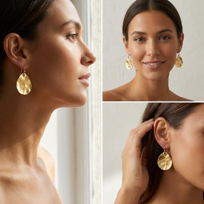 Antique Gold Hammered Disc Drop Earrings Boho Earrings with Two Tone Jewelry Gift - color: AMZ-EH21309A-L