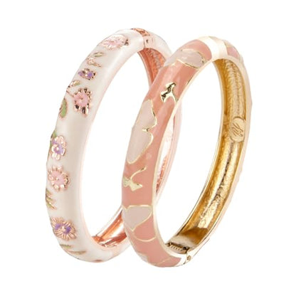 UJOY Cloisonne Bracelet Butterfly Hinge Indian Cuff Bangle Enameled Jewelry Flower Bracelets for Women Gift Box 55A114 - color: A45-2 Pcs Set-Cream and Pink