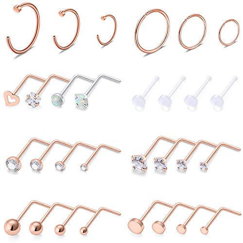 SCERRING 18G Stainless Steel L-Shaped Nose Stud Rings Tragus Lip Hoop Piercing Jewelry 1.5-3mm Clear CZ 8-30PCS - color: 30PCS - Rose Gold