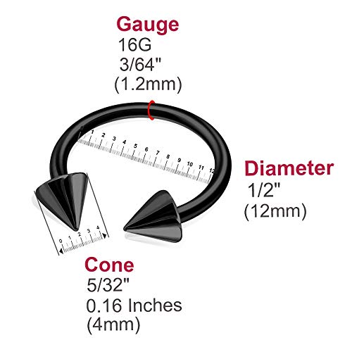 8pcs 16g Horseshoe Ring Circular Barbell Cartilage Hoop Septum Nose Lip Eyebrow Spider Bite Tragus Black Spike Ear - 12mm
