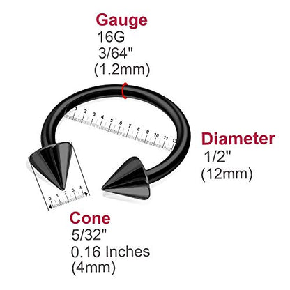 8pcs 16g Horseshoe Ring Circular Barbell Cartilage Hoop Septum Nose Lip Eyebrow Spider Bite Tragus Black Spike Ear - 12mm