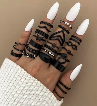 iF YOU 25 Pcs Gold Stackable Ring Set for Women, Chunky Knuckle Finger Midi Rings, Silver Simple Stacking Cute Rings Pack Trendy Stuff Jewelry Gift - style: 25 Black chunky rings