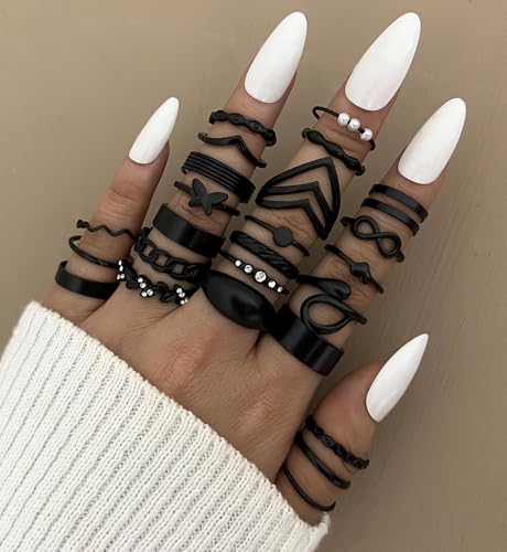 iF YOU 25 Pcs Gold Stackable Ring Set for Women, Chunky Knuckle Finger Midi Rings, Silver Simple Stacking Cute Rings Pack Trendy Stuff Jewelry Gift - style: 25 Black chunky rings