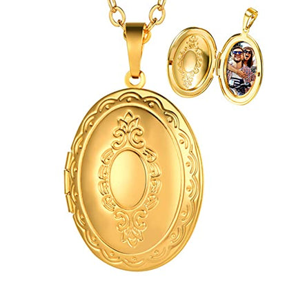 U7 Custom Photo Locket Necklace - Oval & Heart Shaped Locket - Gold/Silver/Rose Gold Personalized Image Necklaces for Women - color: 01-Oval Gold, style: a. locket only