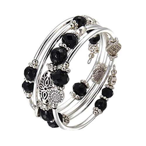 FULU AUTUMN Stackable Beaded Bracelets for Women Boho Wrap Silver Bracelet Layered Fashion Jewelry Gifts for Her - color: Black