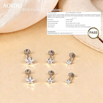 AOEDEJ 20/18/16G Titanium Internally Threaded Flat Back Stud Earrings 3/4/5mm Stars Square CZ Nose Lip Medusa Monroe Labret Piercing Jewelry for Cartilage Conch Tragus Helix Ear Studs - style: 16G-Stars
