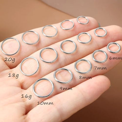 20G 18G 16G Titanium Nose Ring Hoop, Cartilage Hoop Earrings for Women Men Silver Gold Nose Ring Septum Ring Tragus Conch Helix Daith Lip Piercing Jewelry 6mm/7mm/8mm/9mm/10mm - color: Silver-18g, style: 6mm