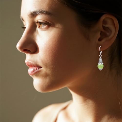 Natural 10mm Stone Beads Drop Earrings,Retro Silver Round Quartz Crystal Gemstone Beads Dangle Earrings for Women - color: A02_Apple-Green Jade