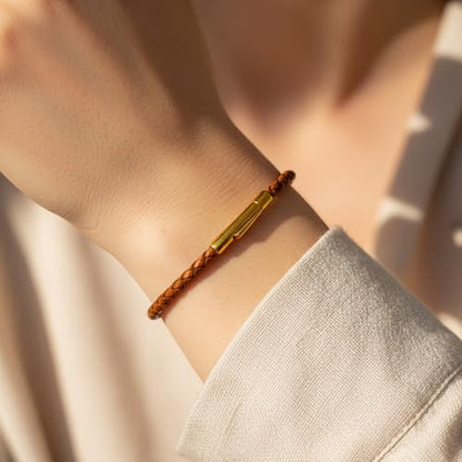 Leporem Premium Brown Braided Leather Bracelet 18K Gold Plated Minimalist Everyday Jewelry Secure Push Lock Clasp Luxury Gift Box