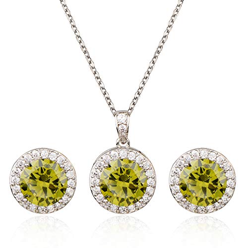 Bridal Crystal Jewelry Set - Sterling Silver Round Cubic Zirconia CZ Rhinestone Halo Birthstone Pendant Necklace Stud Earrings Set for Wedding Bride Bridesmaids Birthday Gift - color: Olive Green