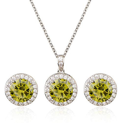 Bridal Crystal Jewelry Set - Sterling Silver Round Cubic Zirconia CZ Rhinestone Halo Birthstone Pendant Necklace Stud Earrings Set for Wedding Bride Bridesmaids Birthday Gift - color: Olive Green