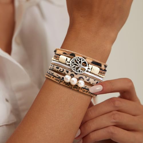 Leather Wrap Bracelets for Women, Boho Leopard Multi-Layer Crystal Beads Cuff Jewelry - color: J-Warp-001