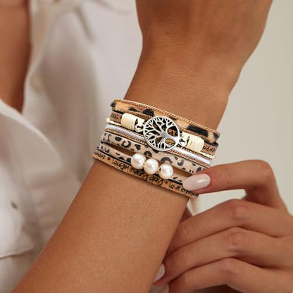 Leather Wrap Bracelets for Women, Boho Leopard Multi-Layer Crystal Beads Cuff Jewelry - color: J-Warp-001