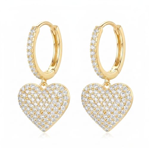 SAVORI 14K Gold Plated Sterling Silver Pave CZ Heart Huggie Hoop Earrings, Hypoallergenic Romantic Dangle Jewelry Gifts for Women - color: Gold