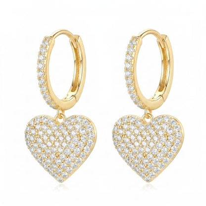 SAVORI 14K Gold Plated Sterling Silver Pave CZ Heart Huggie Hoop Earrings, Hypoallergenic Romantic Dangle Jewelry Gifts for Women - color: Gold