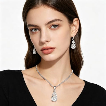 Crystal Jewelry AlloyTeardrop Pendant Necklace Drop Earrings Set Elegant Sapphire Color Jewelry for Women - color: White