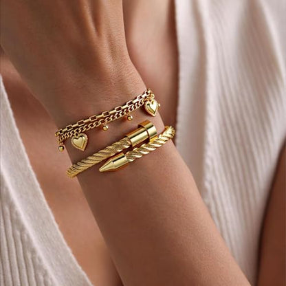 2PCS 18K Gold Plated Nail Bangle & Chain Bracelet Set for Women, Adjustable Stackable Bangle Jewelry, Dainty Gold Bracelet Gift for Women - color: Set F