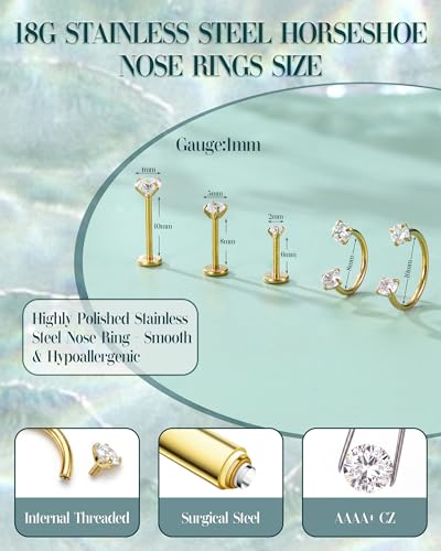 18G Horseshoe Nose Rings for Women Internally Threaded Flat Back Earrings | Labret Stud Hypoallergenic Surgical Steel Double Gem Nose Rings with CZ Helix Tragus Septum Lip Nostril Piercing Jewelry Set - color: 14K Gold Plated