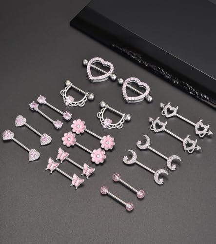 9 Pairs Nipple Rings Stainless Steel Heart Butterfly Moon Flower CZ Barbell Tongue Rings Set Cute Nipplerings Piercing Jewelry for Women Pink Silver Tone - color: A: Pink Tone