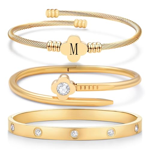 14K Gold Plated Personalized Flower Bracelet Set with Initial Charm Trendy Stackable Jewelry for Women - style: style1 M