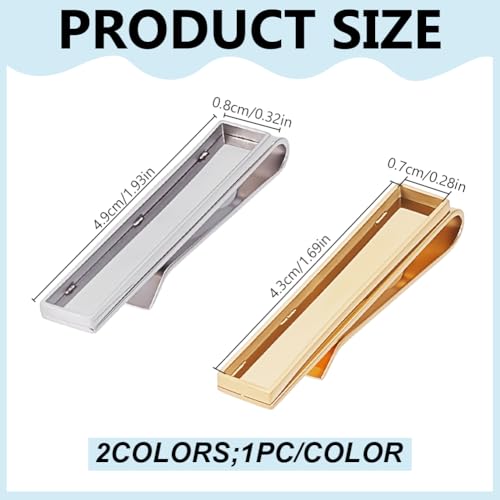 WEBEEDY 2 Pcs Gold/Silver Rectangle Tie Clips Blank Bezel Settings Stainless Steel Classic Tie Bars Bezel Tray Necktie Ties Pins for Wedding Anniversary Business Formal Events Father's Day Gift