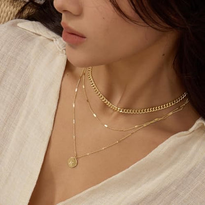Initial Necklaces for Women Trendy, 14K Gold Plated Letter Necklace Stack Round Coin Disc Pendant Layered Choker Cuban Chain A-Z Gold Necklace Personalized Jewelry Gift Sets for Women - color: F