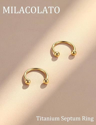 MILACOLATO 2Pcs Implant Grade Titanium Septum Rings for Women Men 16G | G23 Solid Titanium Internally Threaded Horseshoe Circular Barbell Piercing Jewelry for Nose Lip Tragus Eyebrow Helix Daith - color: 2pcs-gold-16g/10mm