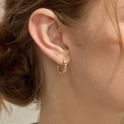 ARSIS Bubble Huggie Hoop Earrings for Women with Cubic Zirconia, Platinum/18K Gold Plated Bezel Hoop Earrings with Opal, Hypoallergenic Lightweight Jewelry, Clear/Ruby/Emerald Green/Aqua/Sapphire/Pink - color: Emerald & Diamond(White Opal)