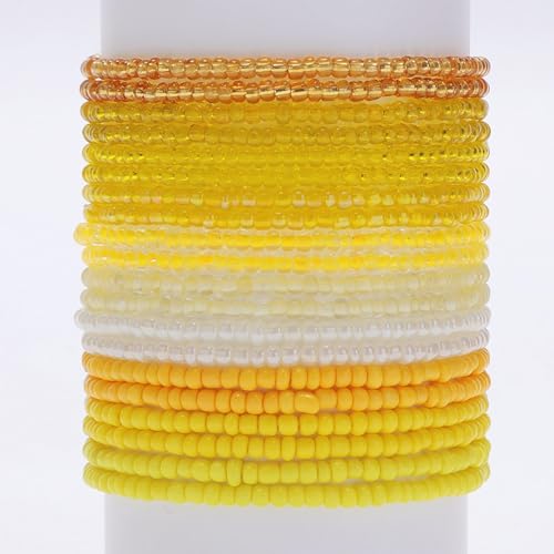 16-30Pcs Handmade Bohemian Colorful Crystal Seed Beads Stackable Adjustable Elastic Stretch Multilayerd Bracelets for Women Summer Vacation Beach Boho Bangle Jewelry - color: yellow