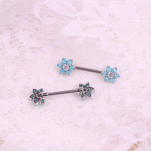 14G Opal Flower CZ Nipple Barbell Nipple Ring Piercing Jewelry for Women - color: blue