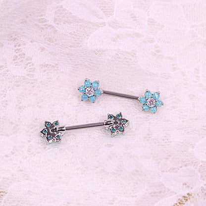 14G Opal Flower CZ Nipple Barbell Nipple Ring Piercing Jewelry for Women - color: blue
