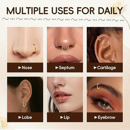 10Pcs Gold Nose Ring Hoop 18G/20G Clicker Nose Hoops Hypoallergenic Stainless Steel Nose Piercings Jewelry Gold Nose Jewelry Septum Helix Cartilage Lip Body Piercings for Women Men 7mm 8mm 9mm 10mm 12mm - color: Gold-20G