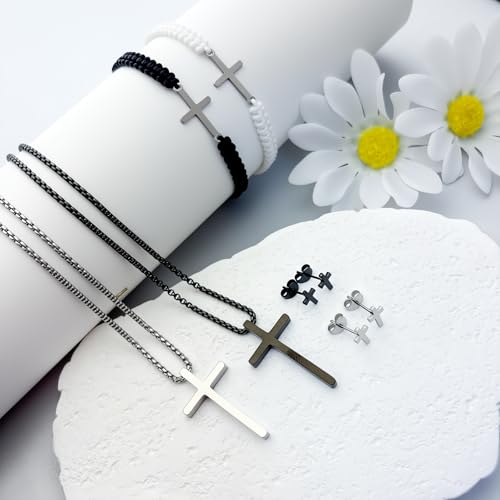 Cross Necklace Bracelet Earrings Friendship Matching Couple Cross Jewelry | Stainless Steel Christian Jesus Silver Black Cross Chain Bracelets Studs