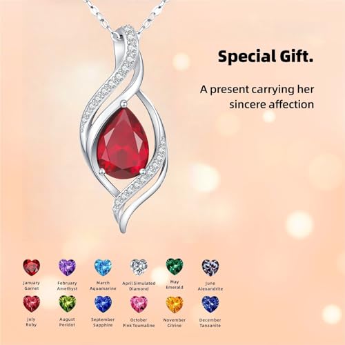 Birthstone Necklace for Women S925 Sterling Silver Teardrop | With Cubic Zirconia and Gemstones - Ideal Birthday Jewelry Gift for Her, Girlfriend, Wife, Mom on Birthday, Anniversary - color: 07 - Ruby